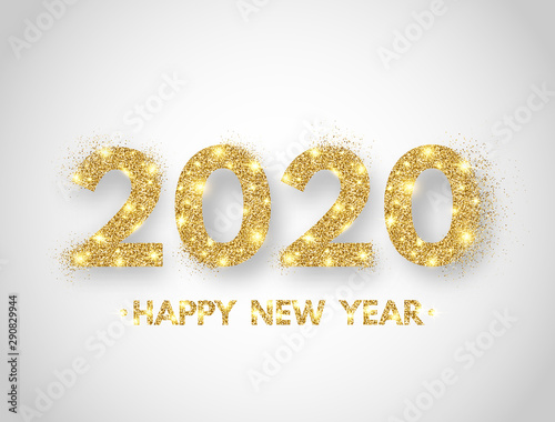 Happy New Year 2020 background. Gold glitter numbers 2019 and text on white backdrop. Christmas holiday celebration design. Luxury festive design for greeting card. Vector illustration