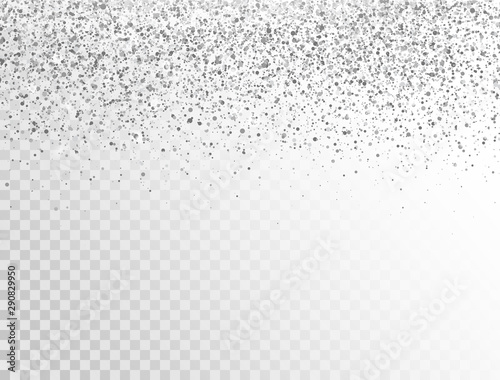 Glitter silver border with space for text. Luxury glitter decoration. Silver sparkles and dust on transparent background. Bright design for Christmas, Birthday, Wedding. Vector illustration