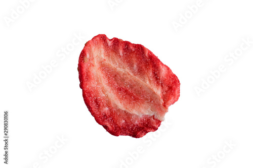 Oven dried piece of strawberry isolated on white background.
