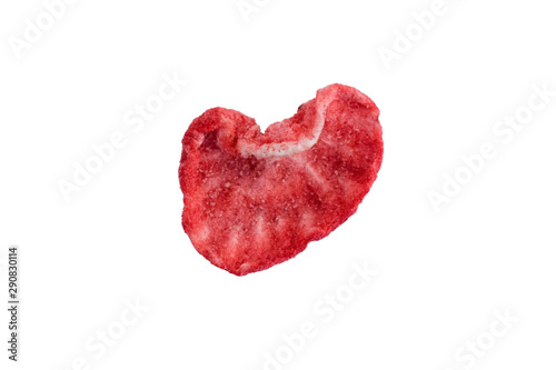 Oven dried piece of strawberry isolated on white background.