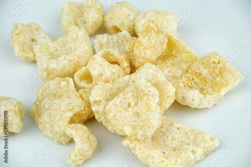 Crispy Pork rinds also known as chicharrones, snack and appetizer   photo