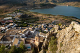 a view over Zahara de la Sierra town and El Gastor dam, province of Cadiz, Andalusia, Spain