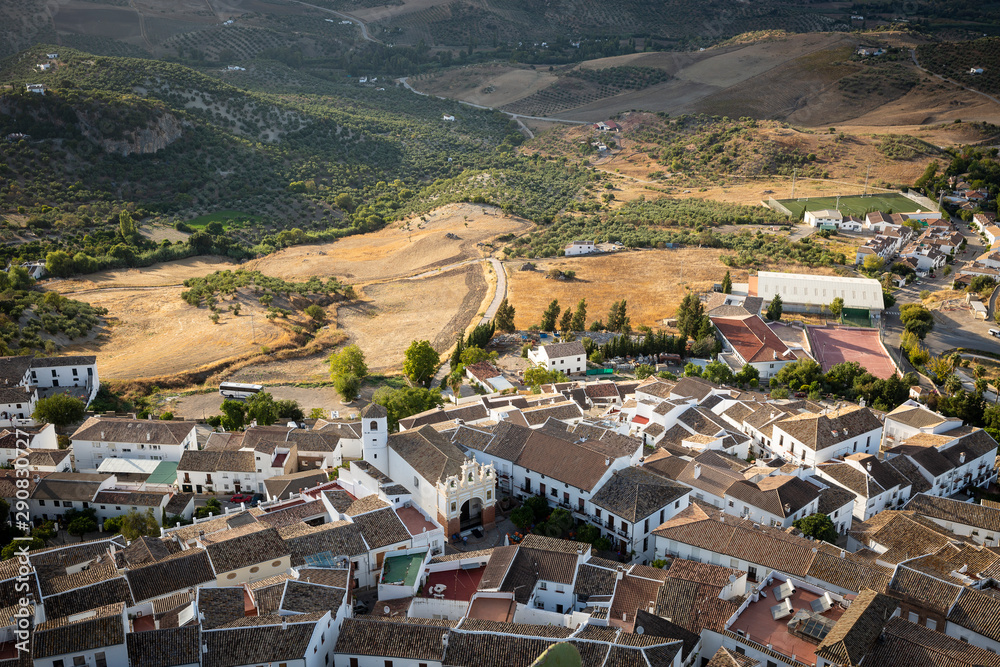 a view over Zahara de la Sierra town and the Grazalema sierra, province of Cadiz, Andalusia, Spain