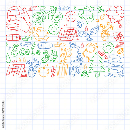 Vector logo, design and badge in trendy drawing style - zero waste concept, recycle and reuse, reduce - ecological lifestyle and sustainable developments icons. colorful. drawing on squared notebook.