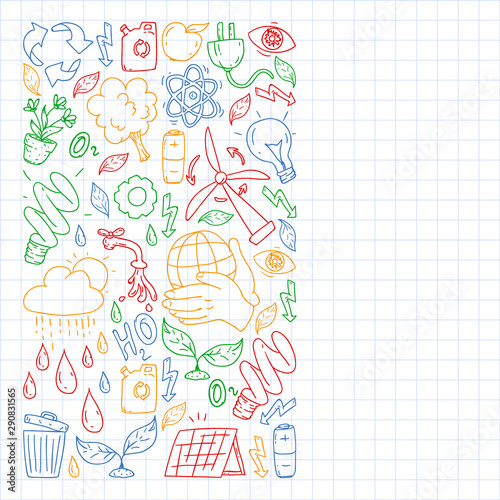 Vector logo  design and badge in trendy drawing style - zero waste concept  recycle and reuse  reduce - ecological lifestyle and sustainable developments icons. colorful. drawing on squared notebook.