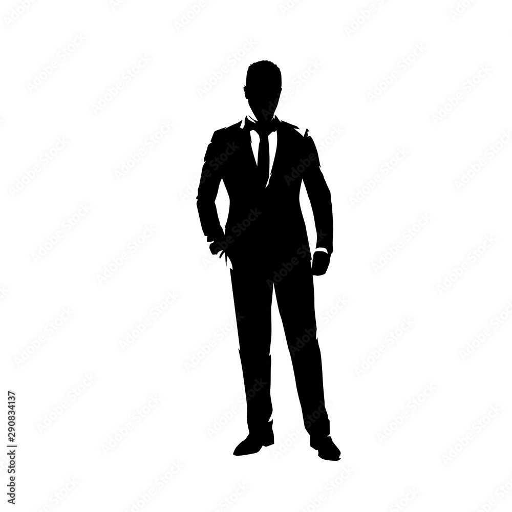 Businessman in suit standing with hand in pocket, abstract ink drawing vector silhouette. Man in suit