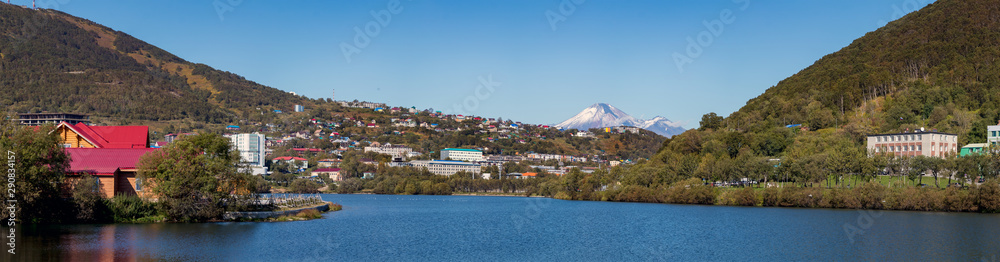 The Ozero Kultuchnoye lake with the Avachinsky vulcano in the background in Petropavlovk - Kamchatka, Russia.