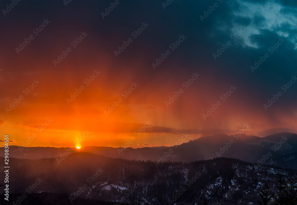 Sun passing through rain in winter Sun passing through rain in winter