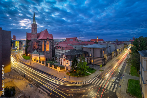Wroclaw, Poland. Aerial cityscape at dusk with St. Adalbert's Church