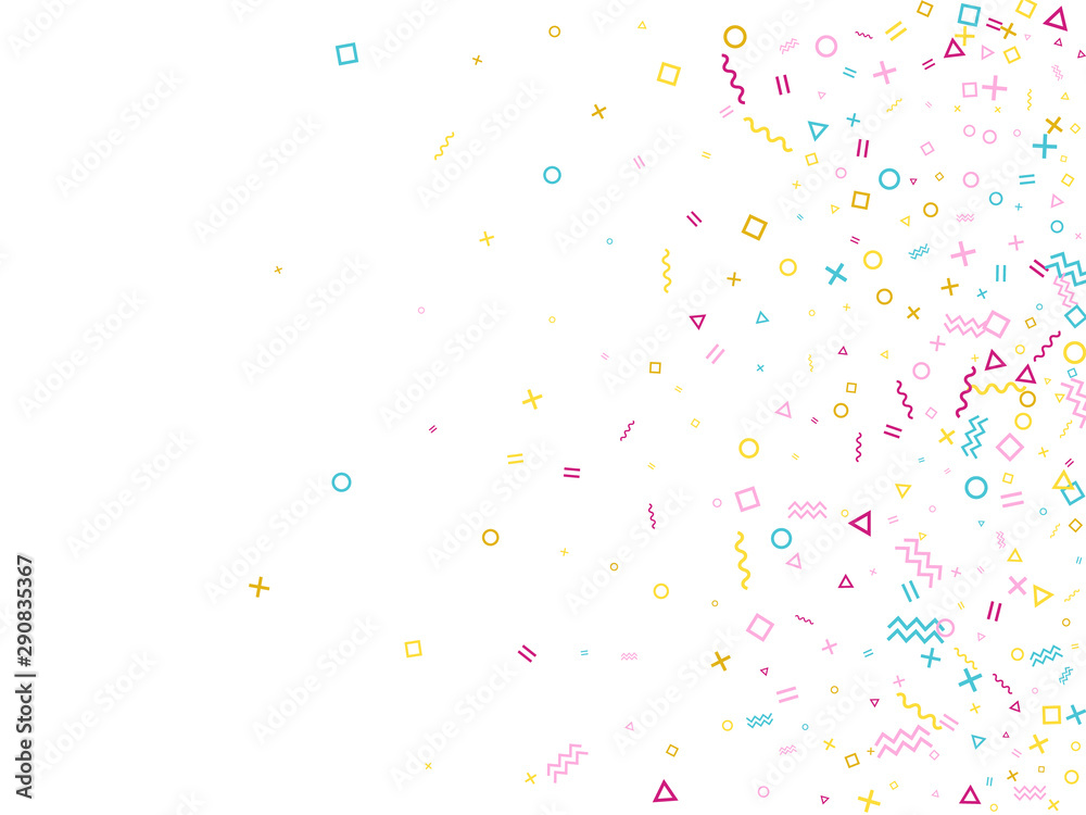 Flat 90s style bauhaus pink blue yellow party confetti flying on white.