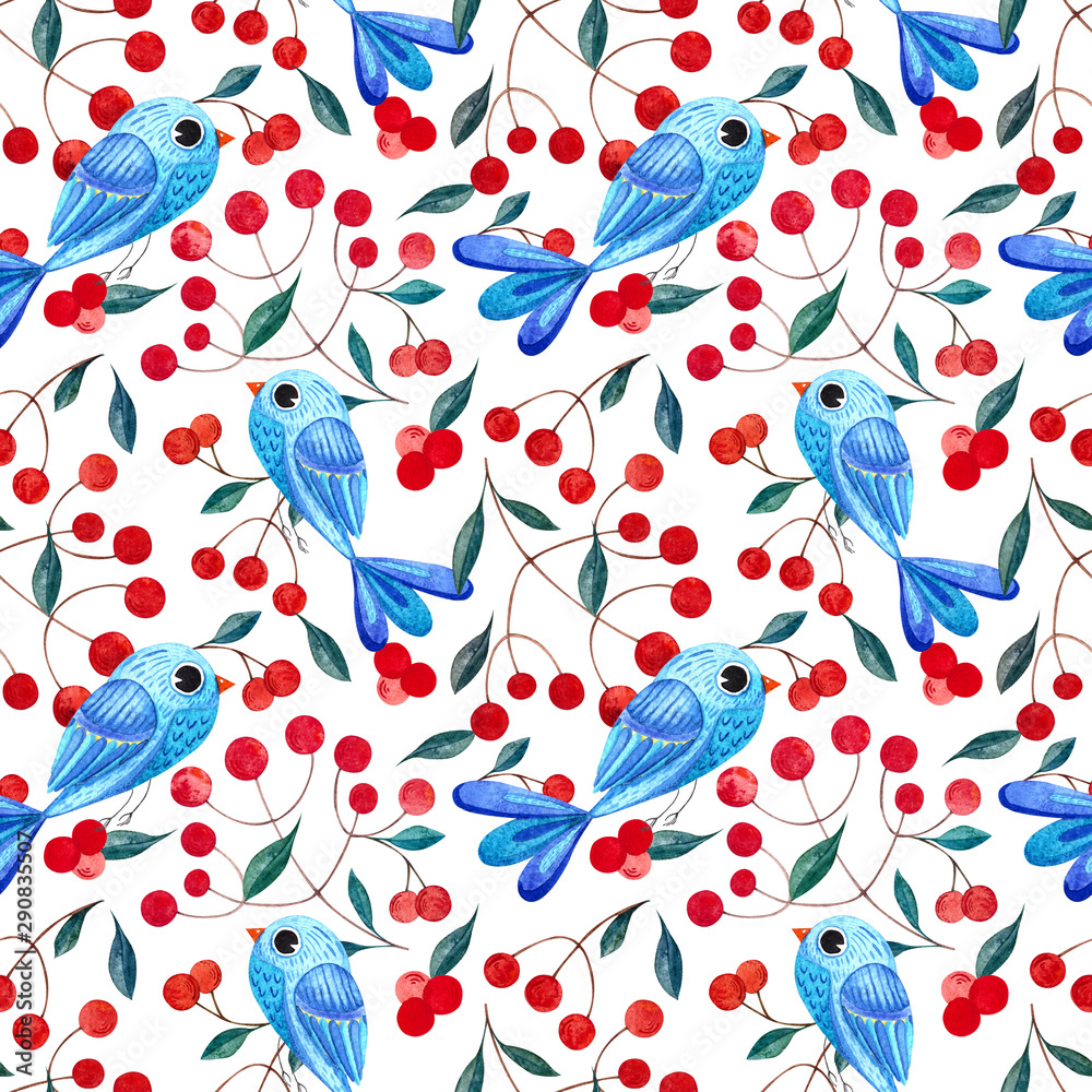 Seamless watercolor pattern with red berries and birds on a colored background. Watercolor illustration in Scandinavian style for t-shirts, fabrics, stickers, packaging paper, clothing design