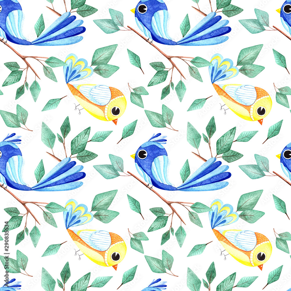 Fototapeta premium Seamless pattern with watercolor colored birds, colorful autumn design. Watercolor illustration in Scandinavian style for t-shirts, fabrics, stickers, packaging paper 