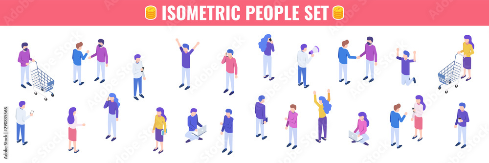 Big isometric people set. Characters isolated on white background. Vector illustration.