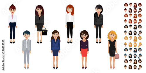 Businesswoman cartoon character head set. Beautiful business woman in office style on white background. Flat vector illustration