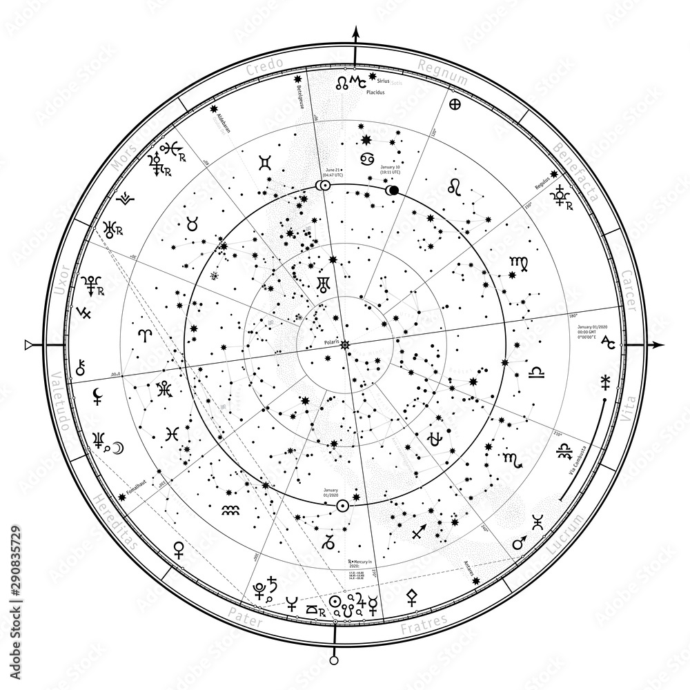Astrological Celestial Map of The Northern Hemisphere. The General Global Universal Horoscope on January 1, 2020 (00:00 GMT). Detailed chart with symbols and signs of Zodiac, planets, asteroids & etc. Astrological Celestial Map of The Northern Hemisphere. The General Global Universal Horoscope on January 1, 2020 (00:00 GMT). Detailed chart with symbols and signs of Zodiac, planets, asteroids & etc.