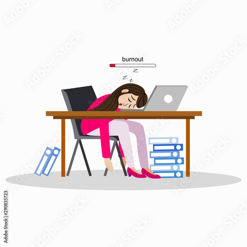 Burn out syndrome concept illustration with exhausted female office worker sitting at the table. Frustrated worker, mental health problems. Vector illustration in flat style