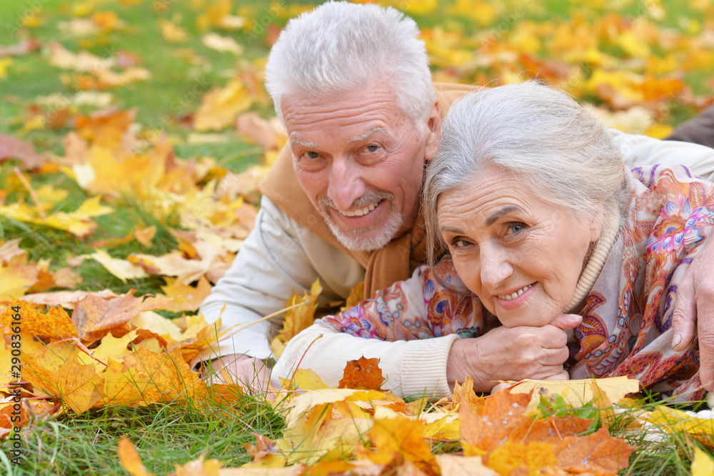 Portrait of happy senior couple lying in park Portrait of happy senior couple lying in park