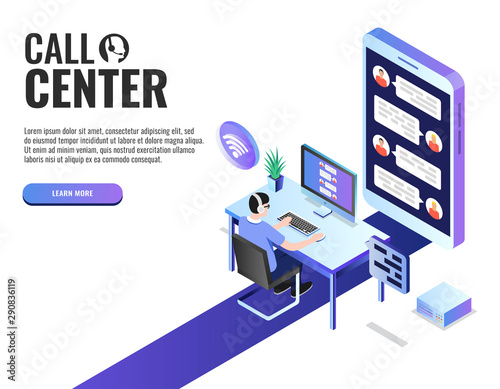 Concept of call center.  Technical support or dispatcher call center. Male operator on call center. Isometric vector illustration.