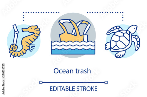 Ocean trash concept icon. Marine debris. Waterborne plastic pollution problem. Threat to fish, reptiles. Eco problem idea thin line illustration. Vector isolated outline drawing. Editable stroke