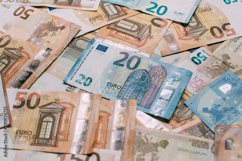Euro money. Banknotes background for design. Many euro banknotes piled together. Economy concept.