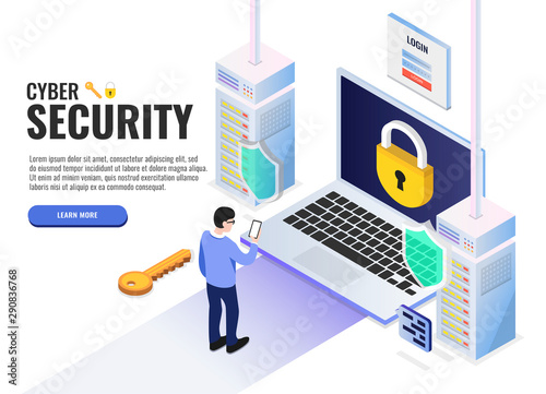 Cyber security concept. User presses on the lock. Web banner, infographics. Isometric vector illustration.