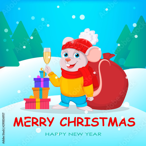 Merry Christmas. Funny cartoon character mouse