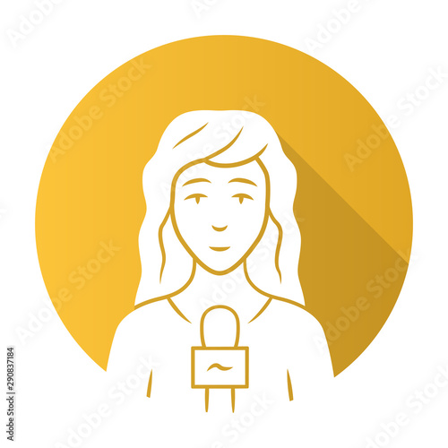 Reporter woman flat design long shadow glyph icon. TV presenter with microphone. TV hostess. Female journalist taking interview. Newswoman reporting breaking news. Vector silhouette illustration
