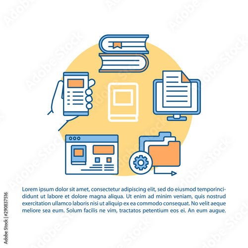 Online library article page vector template. Brochure, magazine, booklet design element with linear icons. E-learning, ebooks reading. Print design. Concept illustrations with text