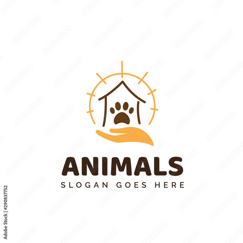 Pet shop clinic home care logo design with yellow sun rays, house, hand and dog or cat footprints
