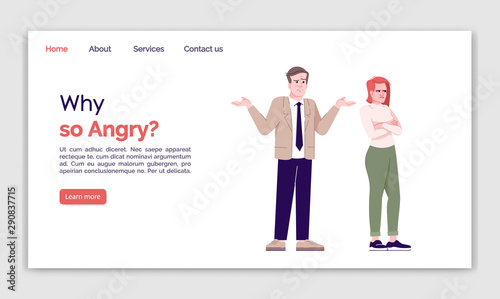 Why so angry landing page vector template. Couple misunderstanding website interface idea with flat illustrations. Family miff homepage layout. Relationship crisis web banner, webpage cartoon concept