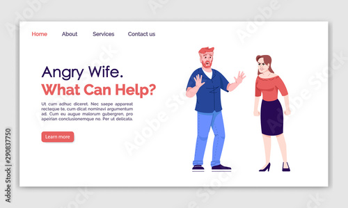 Angry wife what can help landing page vector template. Family quarrel website interface idea with flat illustrations. Couple miff homepage layout. Domestic dispute web banner, webpage cartoon concept