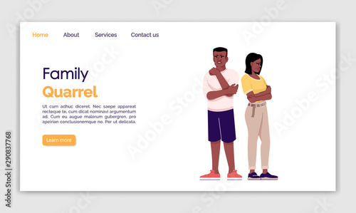 Family quarrel landing page vector template. Couple miff website interface idea with flat illustrations. Relationship crisis homepage layout. Offended man, woman web banner, webpage cartoon concept