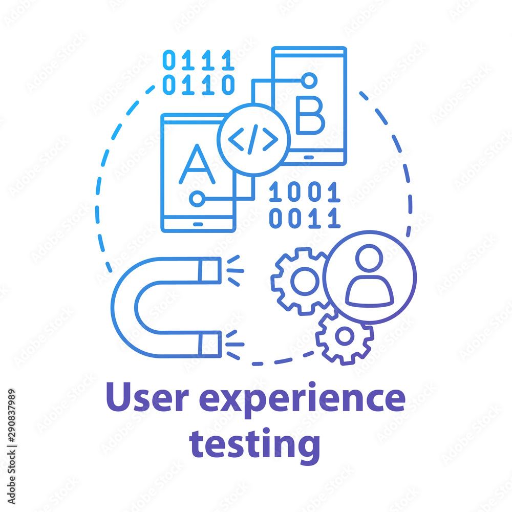 User experience testing concept icon. UX. Software development. Information technology. Correction of error in application idea thin line illustration. Vector isolated outline drawing User experience testing concept icon. UX. Software development. Information technology. Correction of error in application idea thin line illustration. Vector isolated outline drawing