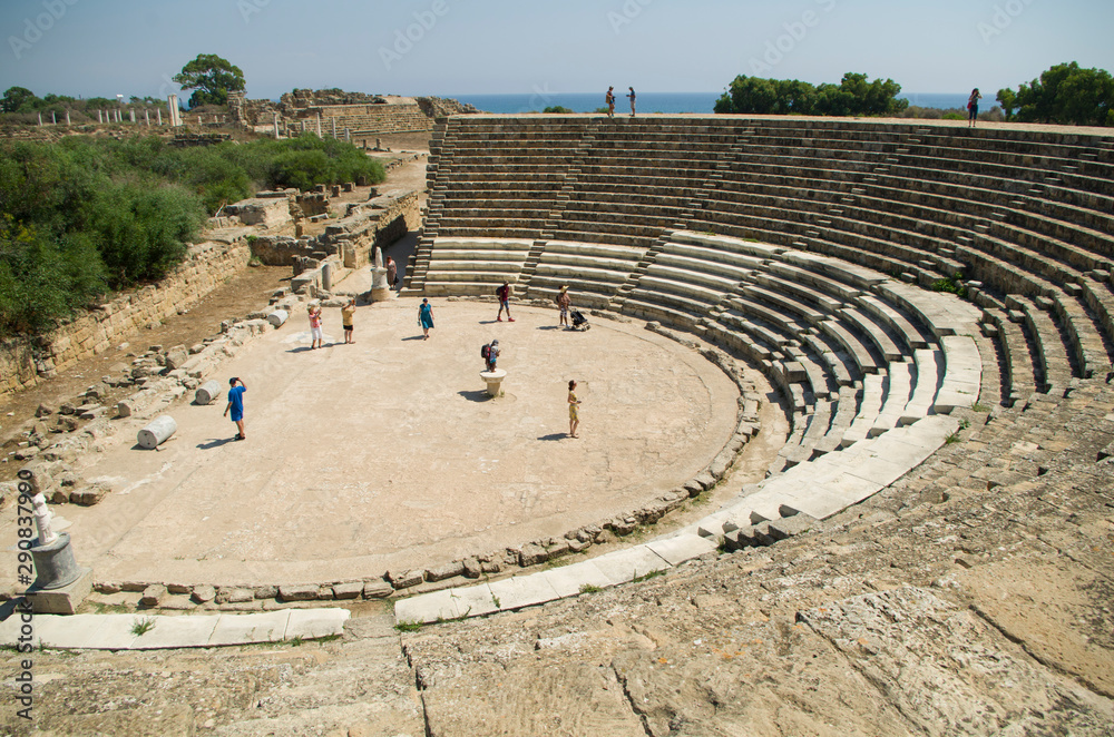 The ancient amphitheater in antique town Salamis, sunny day and blue sky, Famagusta, Nothern Cyprus