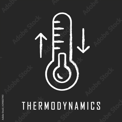Thermodynamics chalk icon. Temperature fluctuations. Thermal effects. Heating and cooling physical processes. Thermometer measurement. Thermodynamical system. Isolated vector chalkboard illustration