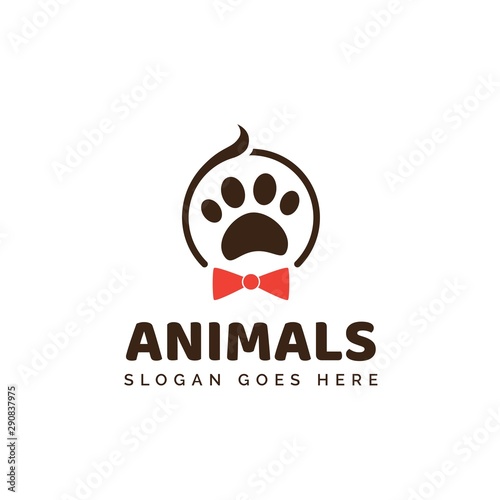 Pet shop clinic home care logo design with person heads and dog or cat footprints