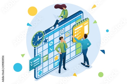 Isometric concept of the team working on the business plan, employees fill in the calendar fields. 3d isometric. Concept for web design