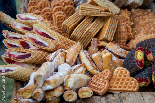 Waffles and cookies food background