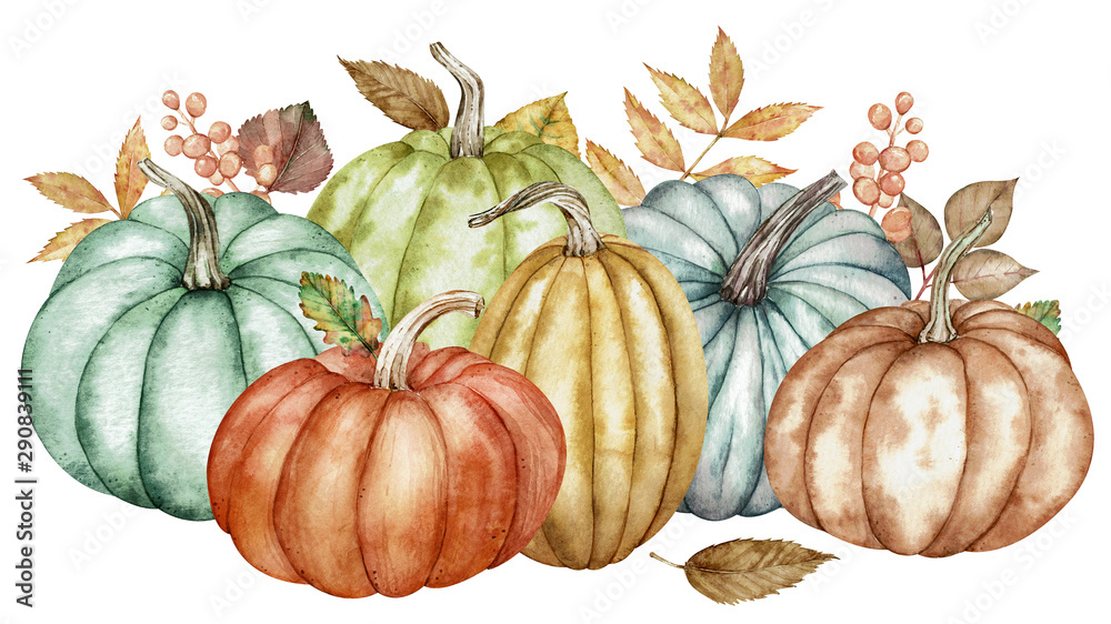 Watercolor composition of colorful pumpkins and autumn leaves ...