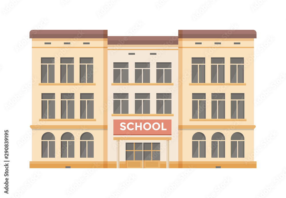 Facade of  three-story school building on white background. Vector illustration.