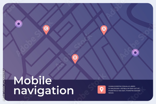 Concept of navigation system. Interactive map of city with markers. Mobile applications for tourism and travel. Vector illustration.