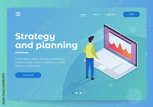 Header for website. Homepage. Strategy and planning. Financial review. Businessman standing in front of laptop and looks at growth statistics. 3d isometric flat design. Vector illustration.