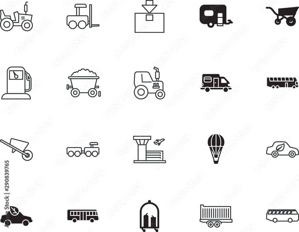 transport vector icon set such as: logistics, camper, pipe, friendly, gardening, lifting, treasure, fossil, air, tower, van, parcel, infrastructure, filling, ecological, airplane, tag, fun