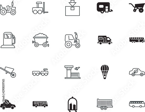 transport vector icon set such as: logistics, camper, pipe, friendly, gardening, lifting, treasure, fossil, air, tower, van, parcel, infrastructure, filling, ecological, airplane, tag, fun