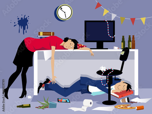 After a corporate event of party drunk business people sleeping in a messy office, EPS 8 vector illustration