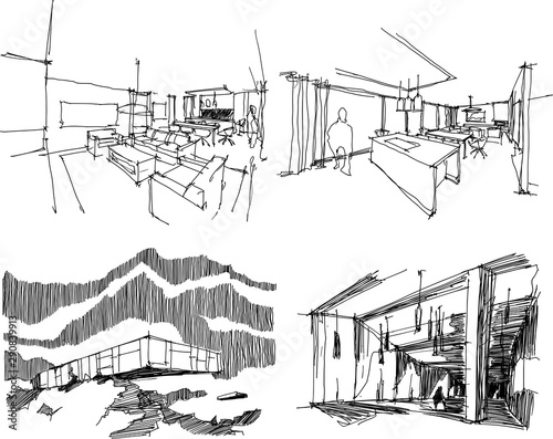 four hand drawn architectectural sketches of a modern abstract architecture and interiors