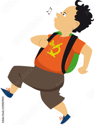 Cute cartoon little boy with a backpack running, skipping and whistling, EPS 8 vector illustration