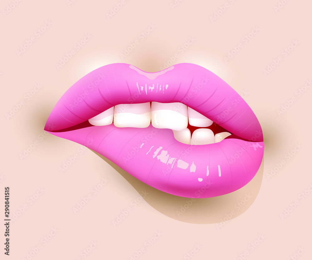 Sexy lips, bite one's lip, female lips with pink lipstick isolated on nude  background. 3D effect. Vector illustration. EPS10 Stock Vector | Adobe Stock