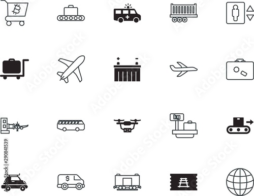 transport vector icon set such as: public, encashment, medic, oil, crypto, coupon, ambulance, engine, floor, roof, entrance, finance, commerce, railroad, global, emergency, home, trailer, wait, close