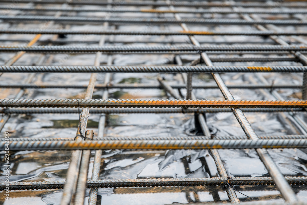 Steel rebar and wire mesh with shallow depth of field